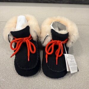 Black Baby Booties with Red Laces and Cream Fur